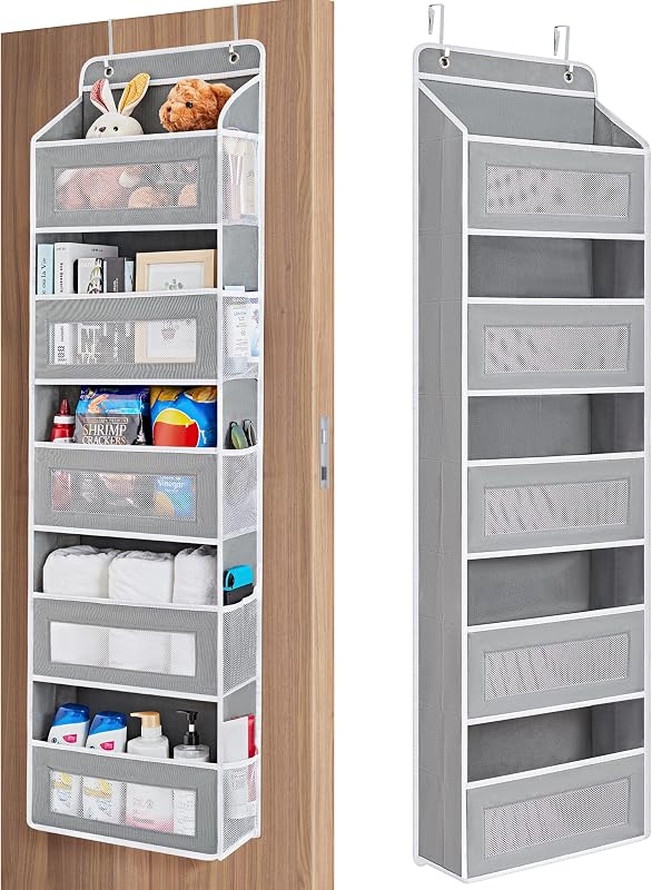 Grey hanging organizer on the back of a door