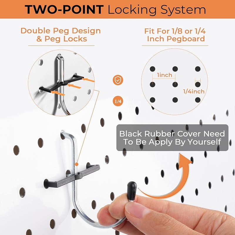A metal hook being set into a pegboard