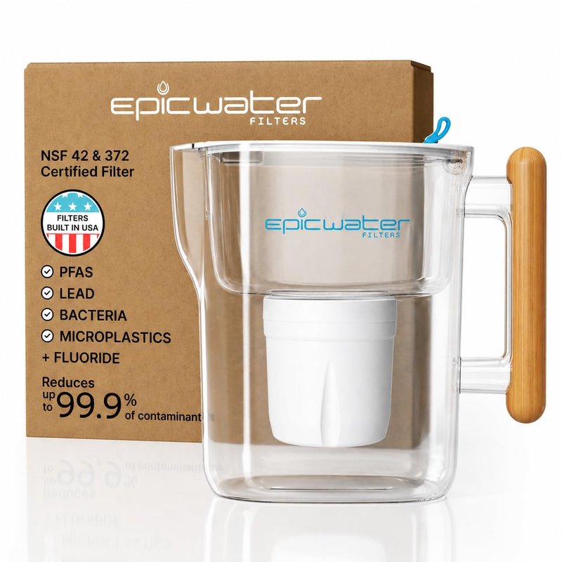 Clear Epic water filter pitcher with a bamboo handle