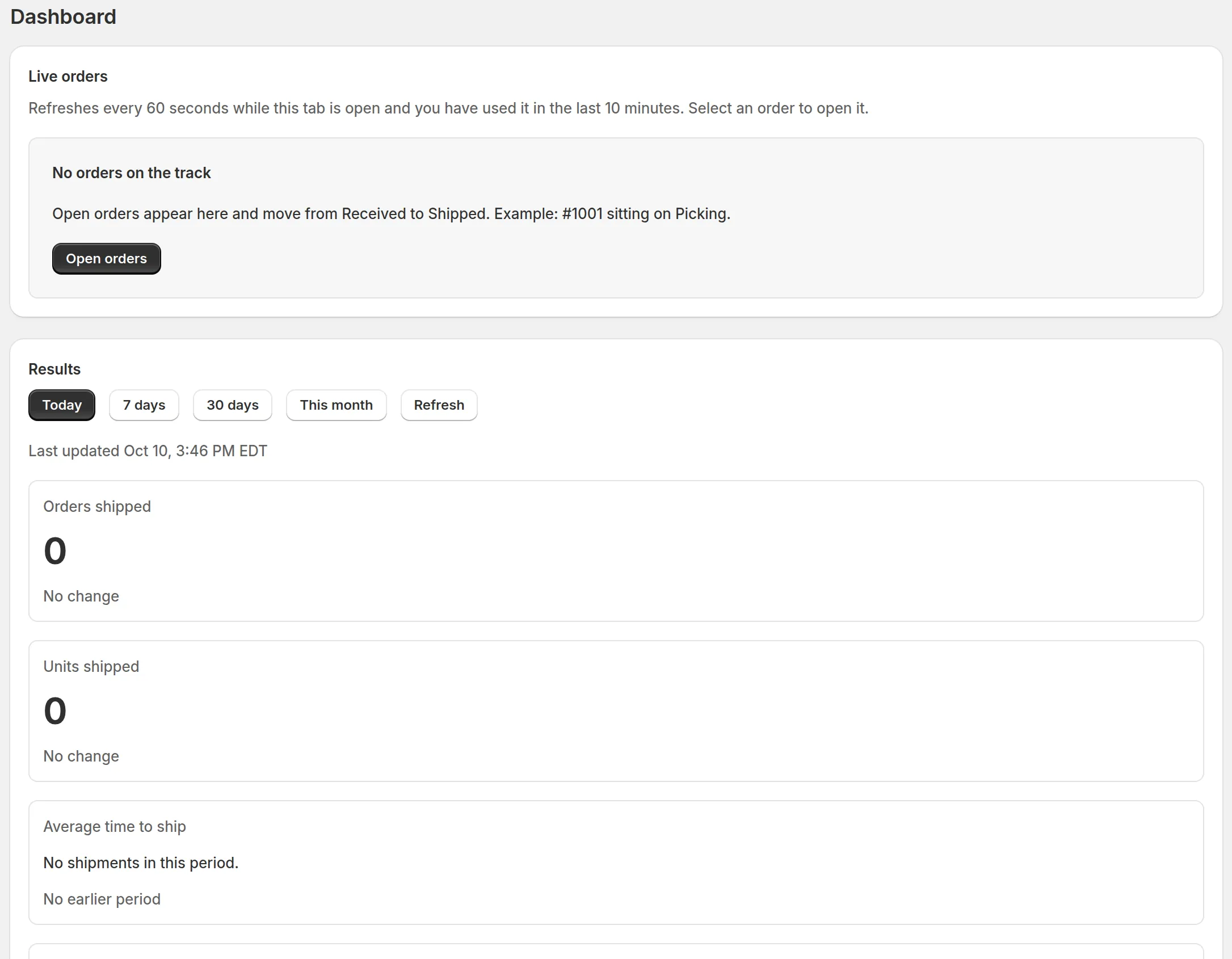 Dashboard page with an empty live order track and result tiles for the current period.